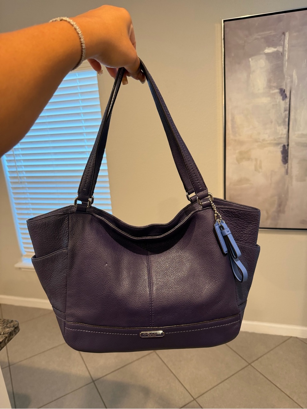 Coach Deep Purple Leather Shoulder Tote with Tassel Charm